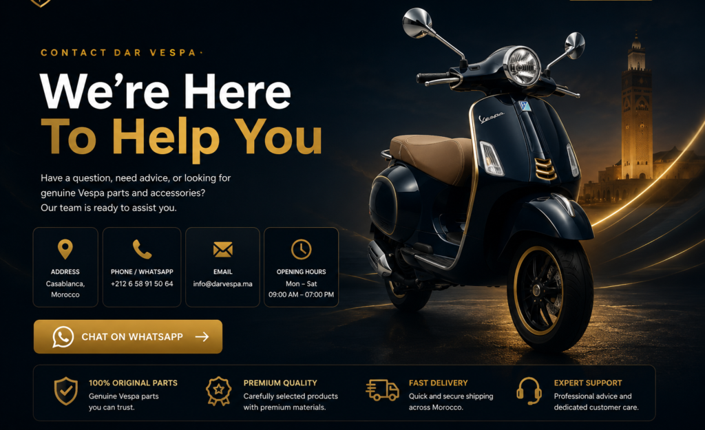 contact Dar Vespapage with genuine Vespa parts, premium accessories, black Vespa scooter, and WhatsApp support in Morocco.