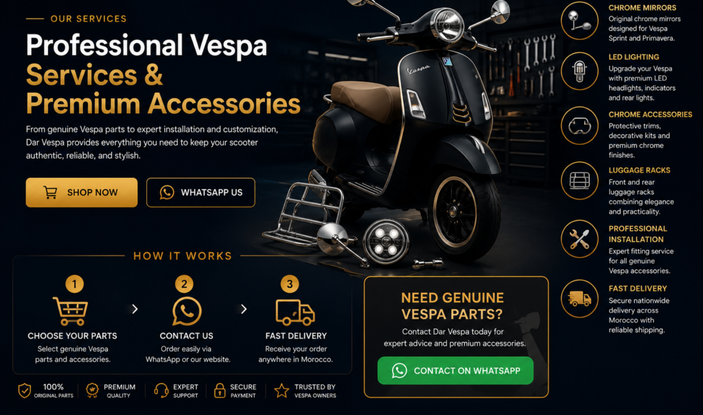 Dar Vespa Services Professional Vespa services landing page featuring genuine Vespa parts, premium accessories, expert installation, and fast delivery in Morocco.