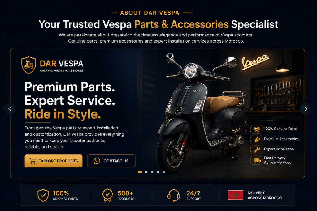 About Dar Vespa slider featuring a premium Vespa scooter, genuine Vespa parts, premium accessories, expert installation, and fast delivery across Morocco.
