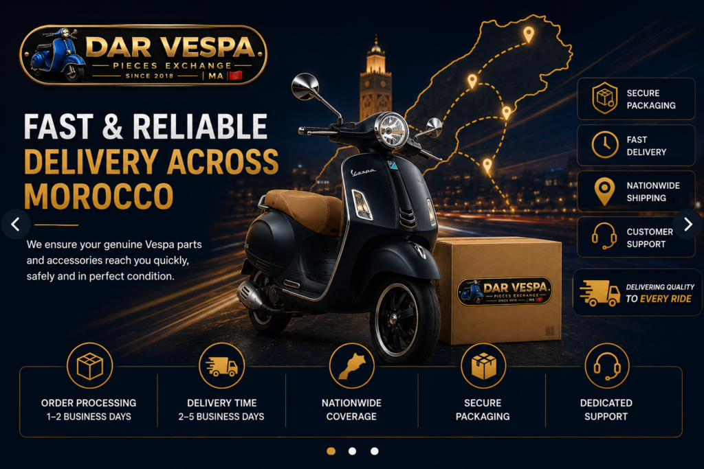 DAR Vespa Shipping & Information Shipping Information banner for Dar Vespa featuring genuine Vespa parts, secure packaging, fast delivery across Morocco, and the official Dar Vespa logo.