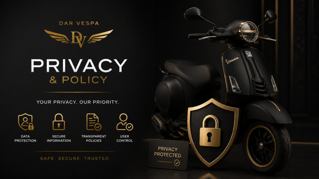 Dar Vespa Morocco Privacy Policy banner featuring a premium black Vespa scooter with a security shield symbolizing secure shopping and customer data protection.