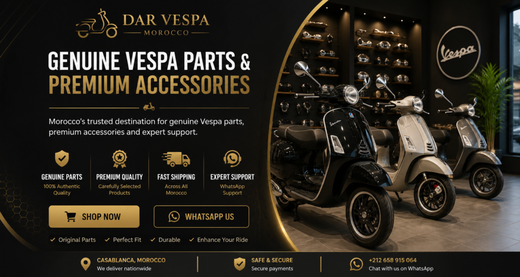 Dar Vespa storytelling showroom in Morocco featuring genuine Vespa scooters, original spare parts, chrome accessories, and premium Vespa upgrades.