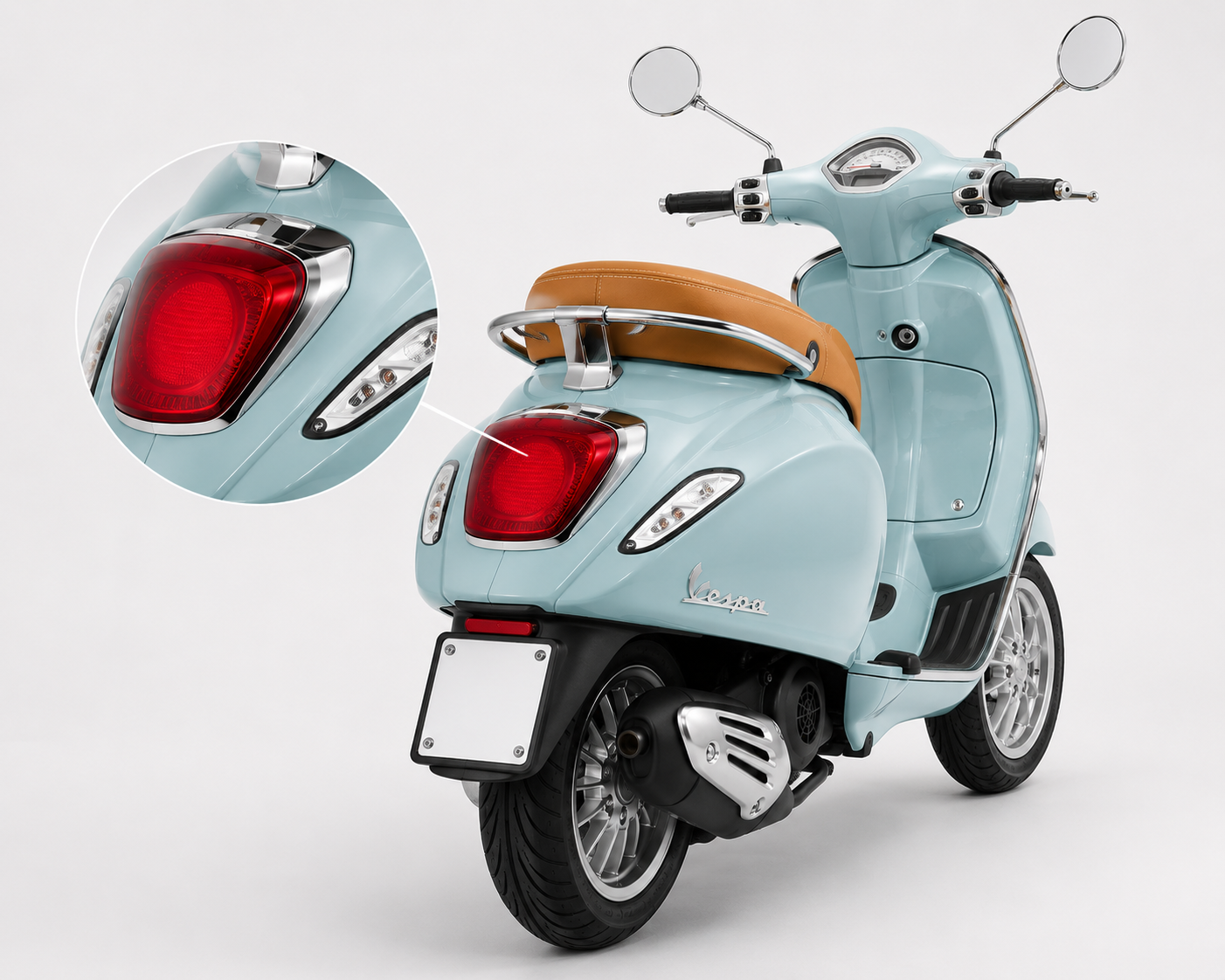 Premium LED rear tail light for Vespa Primavera and Sprint scooters displayed in multiple studio angles, close-up details, installed rear view, illuminated LED, and product housing on a clean white background.