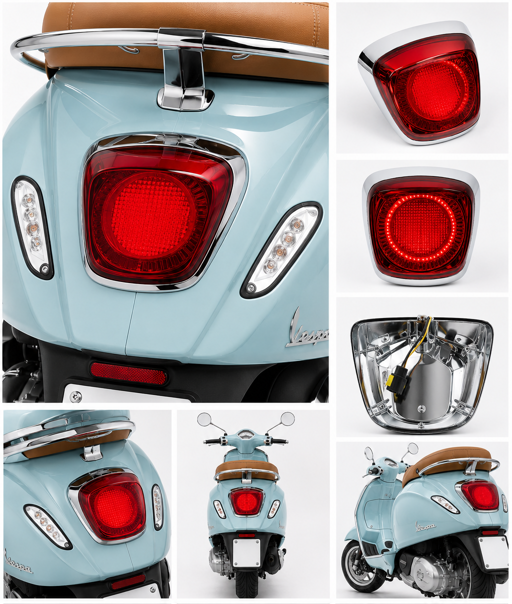 Vespa LED Rear Tail Light Premium LED rear tail light for Vespa Primavera and Sprint scooters displayed in multiple studio angles, close-up details, installed rear view, illuminated LED, and product housing on a clean white background.