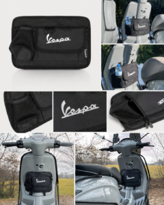 Dar Vespa Front Organizer Storage Bag mounted on a Vespa scooter with waterproof storage compartment and side bottle holder.