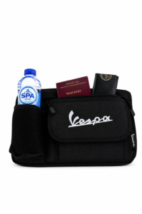 Dar Vespa Front Organizer Storage Bag mounted on a Vespa scooter with waterproof storage compartment and side bottle holder.
