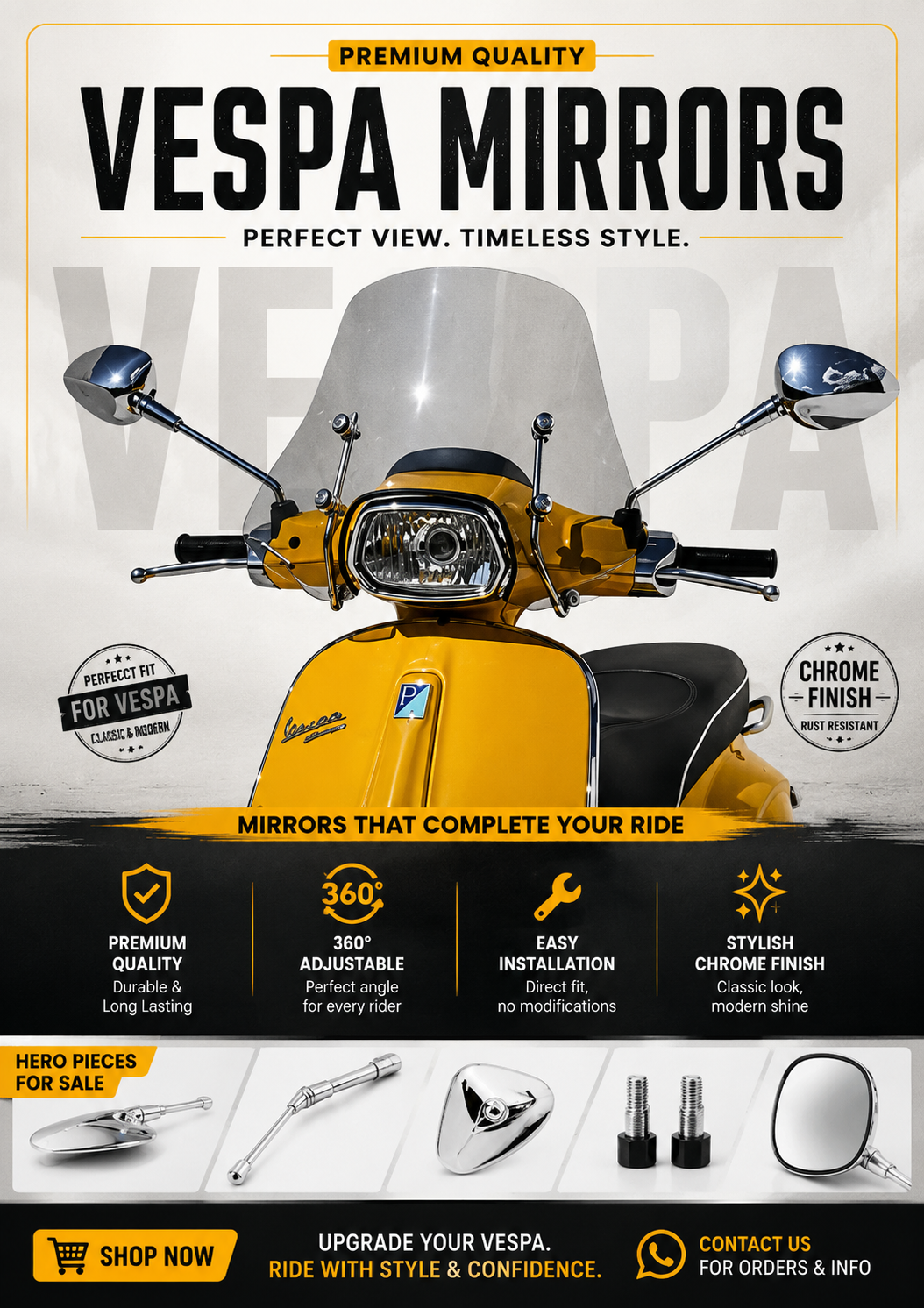 Pair of Dar Vespa chrome rear view mirrors for Vespa Primavera, Sprint, GTS, LX and S scooters with polished chrome finish