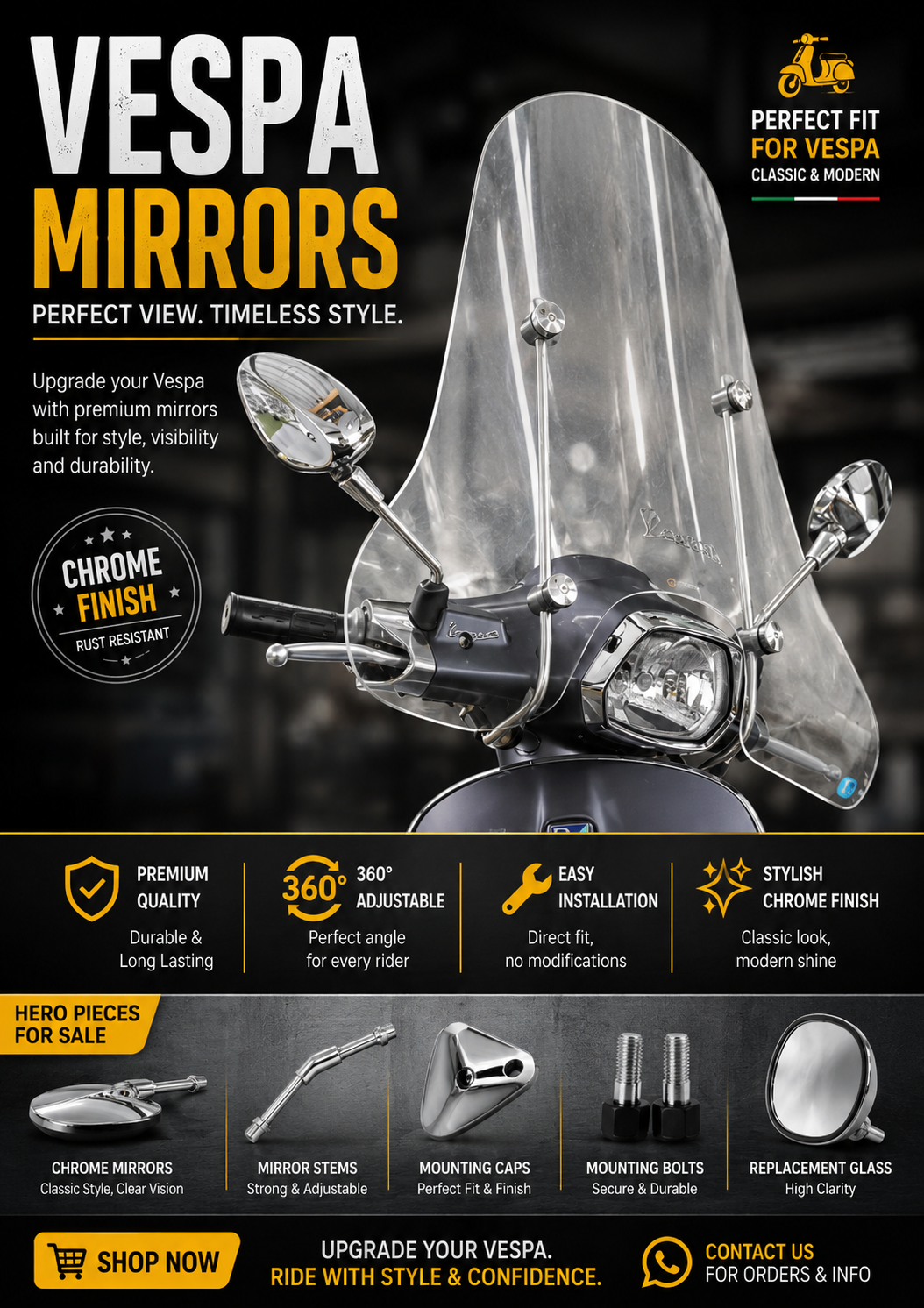 Pair of Dar Vespa chrome rear view mirrors for Vespa Primavera, Sprint, GTS, LX and S scooters with polished chrome finish