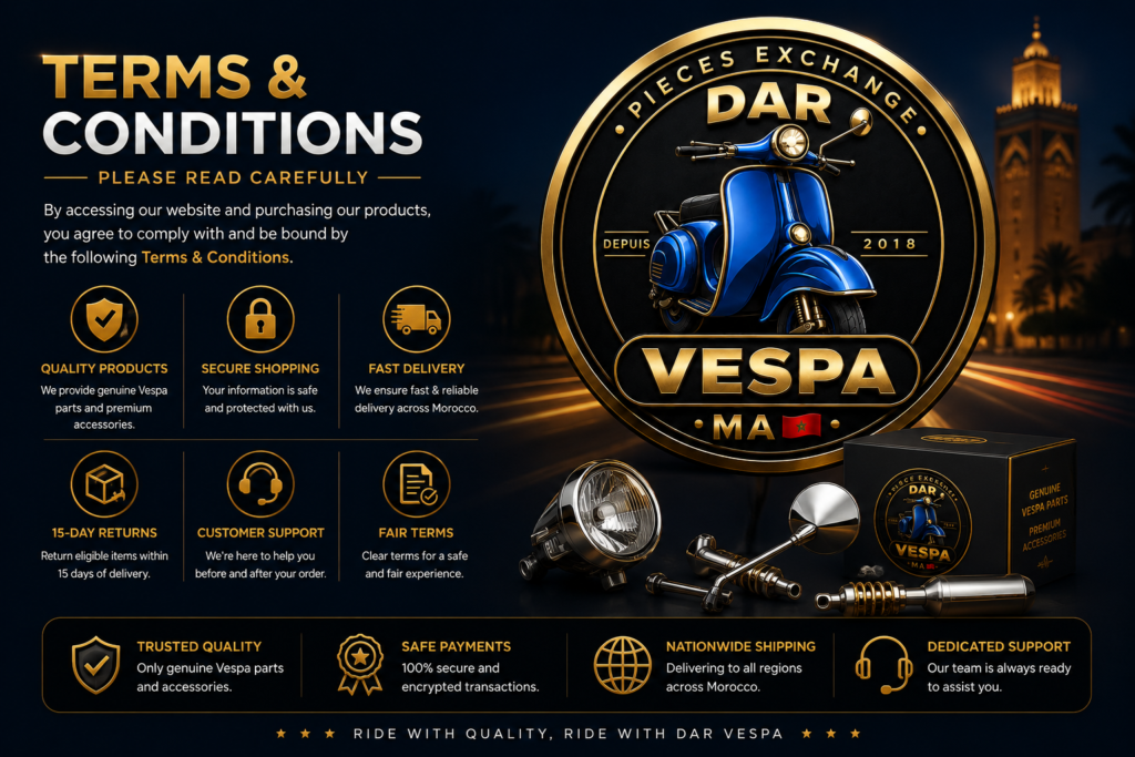 Dar Vespa Terms & Conditions banner featuring the official Dar Vespa logo, genuine Vespa parts, secure shopping, fast delivery across Morocco, 15-day returns, customer support, and premium Vespa accessories.