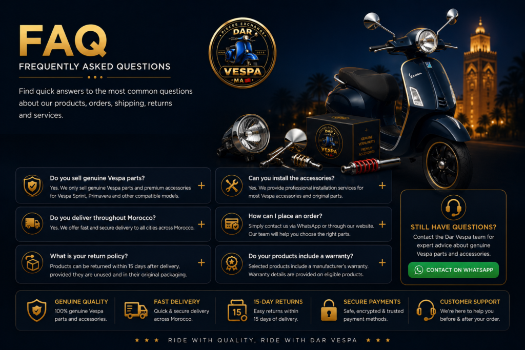 Dar Vespa FAQ banner featuring genuine Vespa parts, premium accessories, customer support, fast delivery, and frequently asked questions in Morocco.