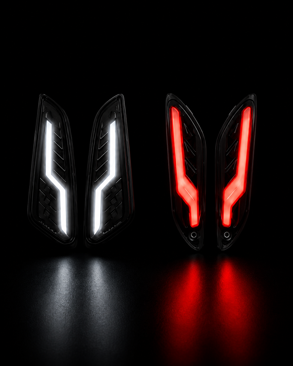Premium LED decorative side lights kit for Vespa Primavera and Sprint 125/150 featuring bright white front LEDs and red rear LEDs on a white background.