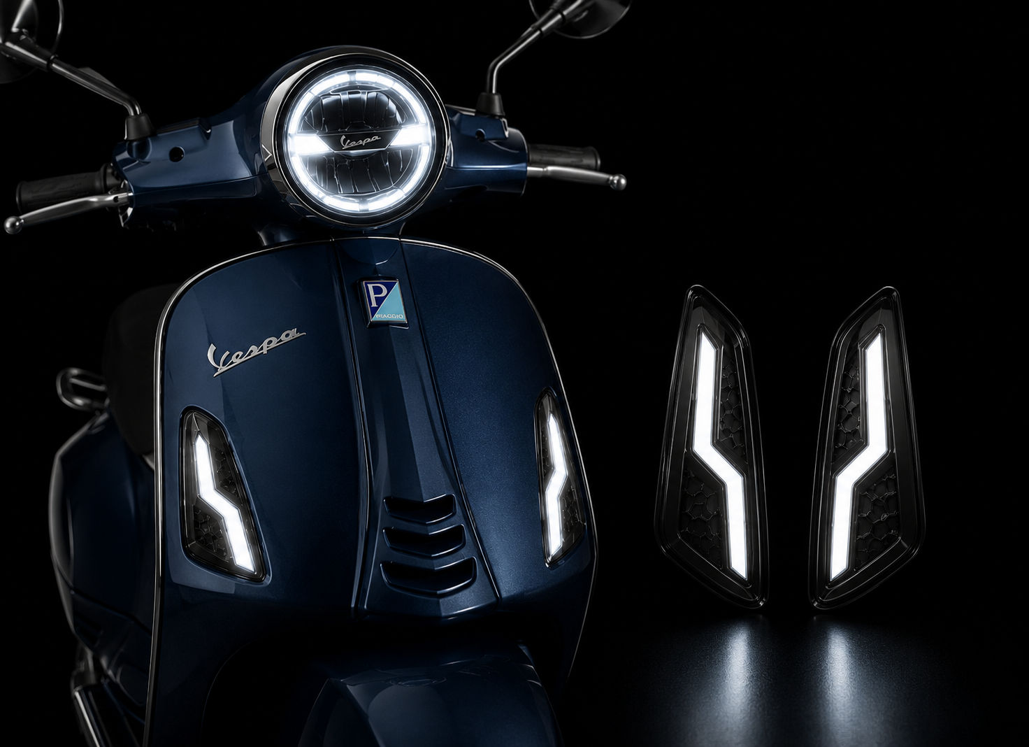 Premium LED decorative side lights kit for Vespa Primavera and Sprint 125/150 featuring bright white front LEDs and red rear LEDs on a white background.