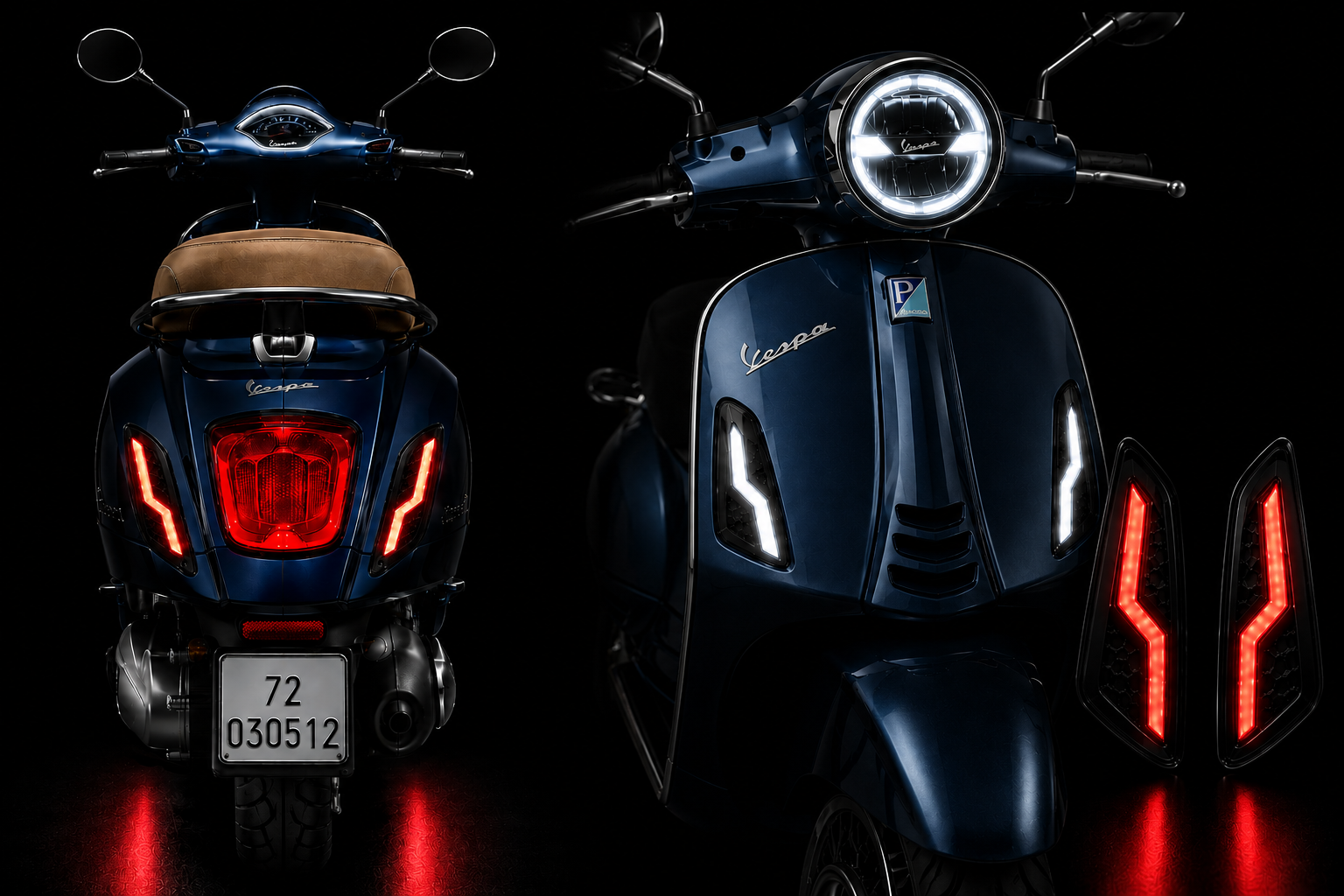 Premium LED decorative side lights kit for Vespa Primavera and Sprint 125/150 featuring bright white front LEDs and red rear LEDs on a white background.