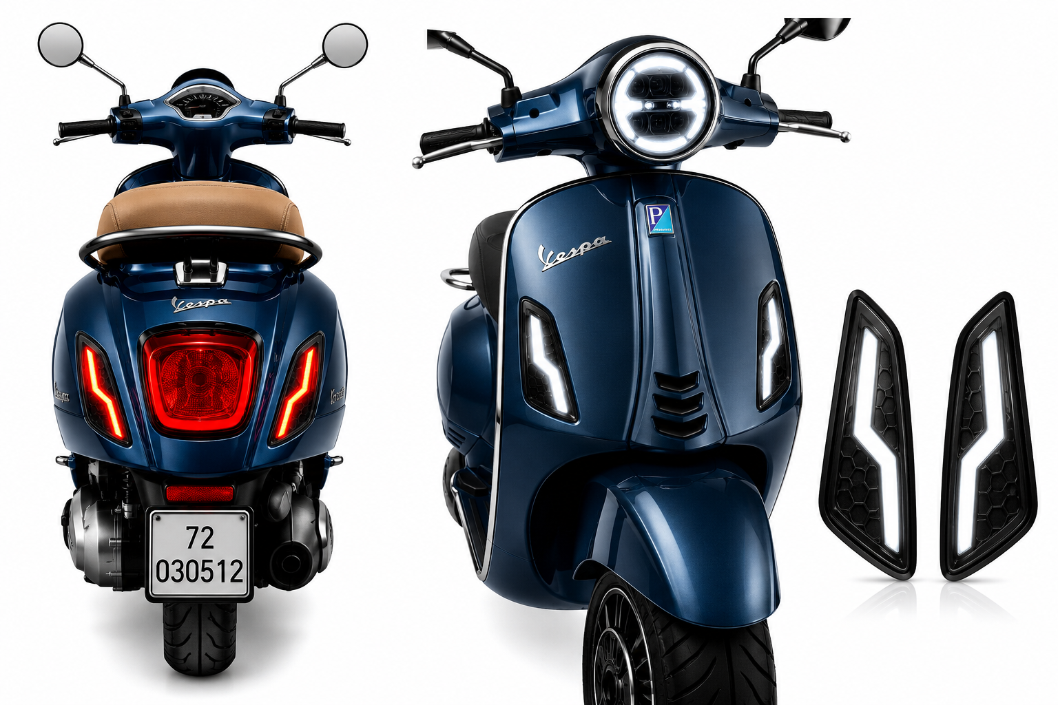 Premium LED decorative side lights kit for Vespa Primavera and Sprint 125/150 featuring bright white front LEDs and red rear LEDs on a white background.