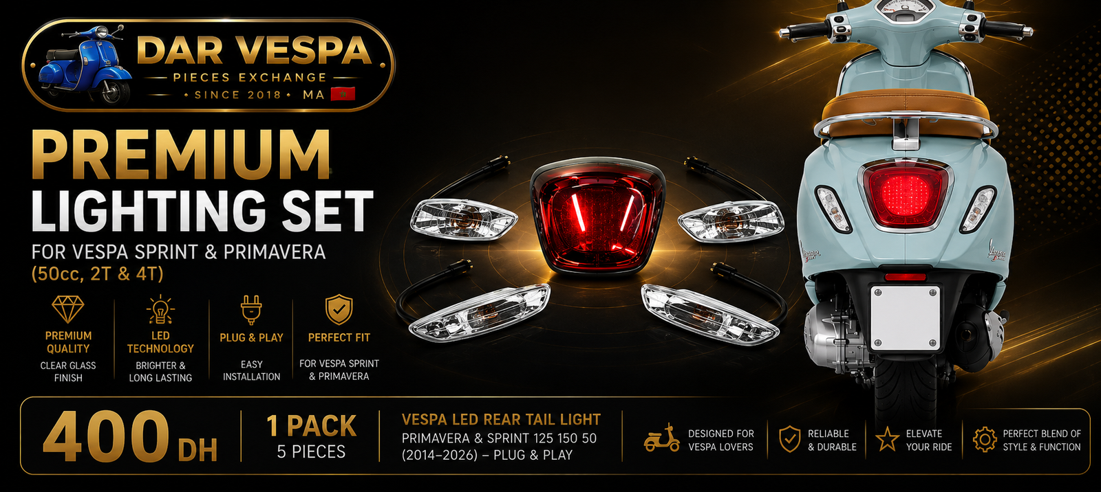 Original Vespa chrome accessories collection featuring chrome mirrors, front rack, rear rack, floor rails, leg shield guard, exhaust cover, handlebar grips, brake levers, horn cover, fuel cap cover, shock cover, and tail light guard.
