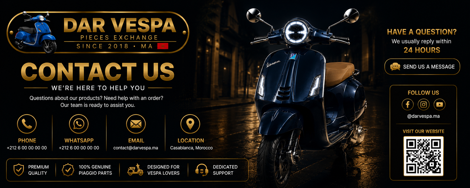 Original Vespa parts and accessories including chrome mirrors, LED lights, seats, luggage box, racks, brake system, engine parts, transmission, electrical components, body panels, and maintenance products.
