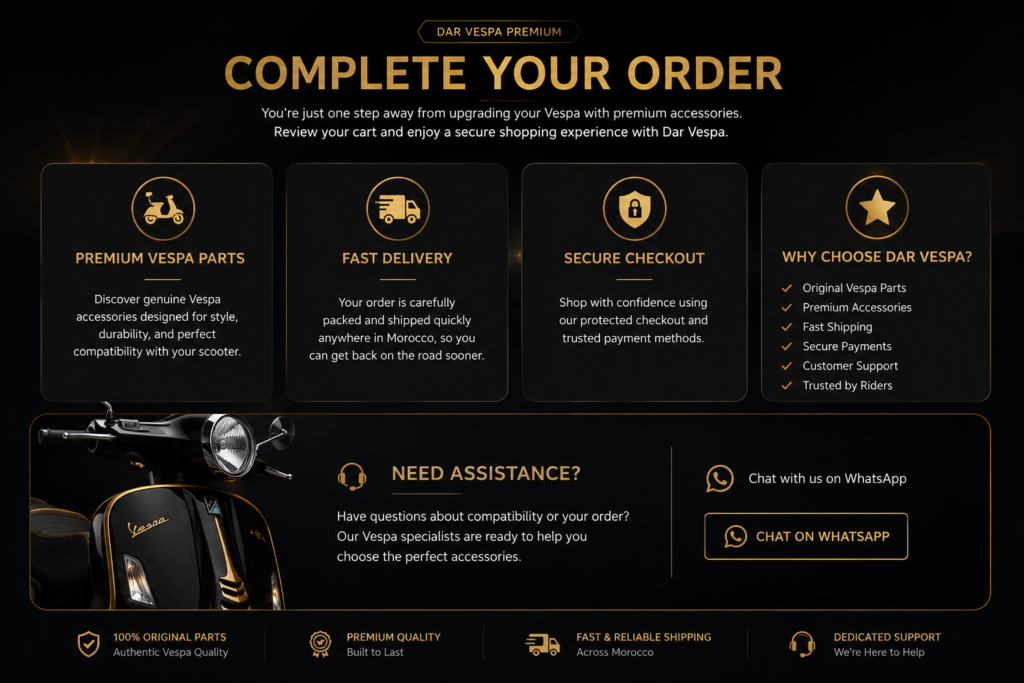 Luxury Dar Vespa shopping cart page featuring premium Vespa parts, secure checkout, fast delivery, and customer support in a black and gold design.