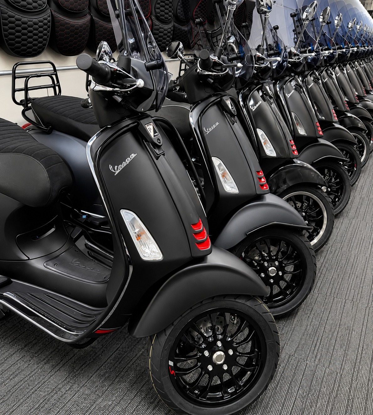 Premium Vespa scooters inside the Dar Vespa showroom in Morocco